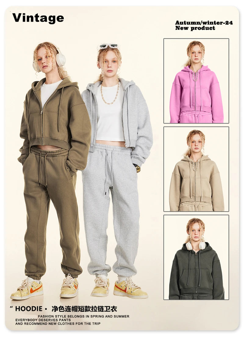 ZODF 2024 Winter Women Zipper Crop Hoodies Female Girls Solid 345gsm Warm Fleece Short Hooded Zip-Up Coat HY0911