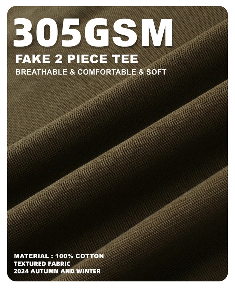 ZODF Fashion Spring Autumn Men 100% Cotton T-Shirt Unisex Fake 2-Piece 305gsm Solid Full Sleeve O Neck T Shirt Brand Tees HY0925