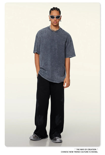 ZODF New Summer Men Washed Batik Cotton T Shirts Unisex American Retro High Street 270gsm Short Sleeve Tees Streetwear HY0489