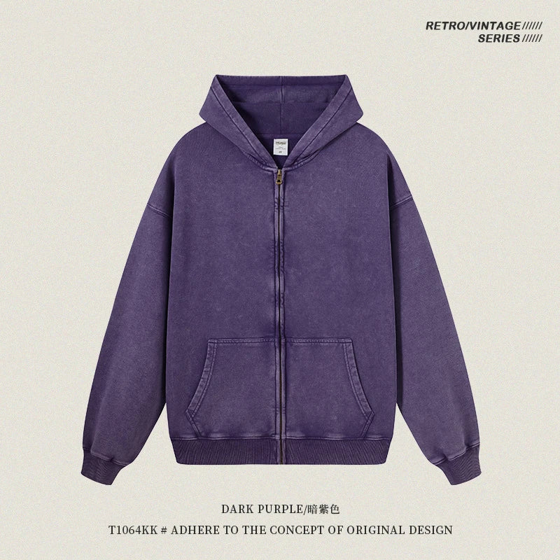 ZODF Retro Autumn Batik Washed 100% Cotton 420gsm Terry Oversized Distressed Zipper Hoodie Unisex HY0936 - PURPLE / M
