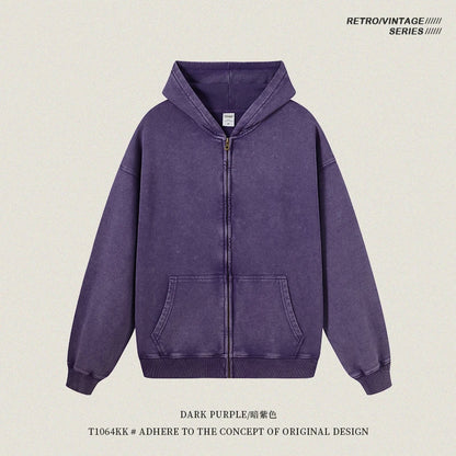 ZODF Retro Autumn Batik Washed 100% Cotton 420gsm Terry Oversized Distressed Zipper Hoodie Unisex HY0936 - PURPLE / M