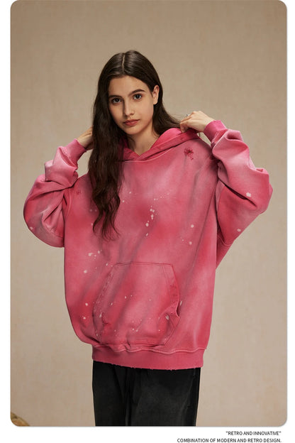 ZODF Autumn Winter Spray Dyeing Ink Splashing Hoodies For Men Unisex 450gsm Washed Oversized Knitted Hooded Pullovers HY0908