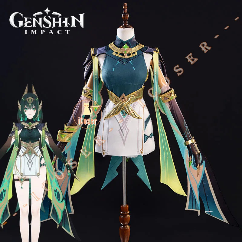 Genshin Impact Nefer Cosplay Costume Wig Dress Uniform Outfit Headwear Carnival Halloween Party for Women Girls Accessory iCoser