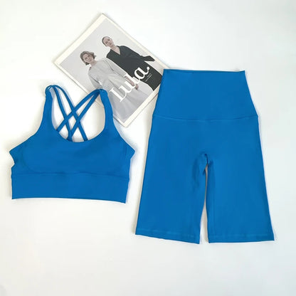 2 Pieces Yoga Shorts Gym Sports Sets Women Fitness Suits Cross Back Bra Top High Waist Shorts Running Workout Clothes Tracksuit