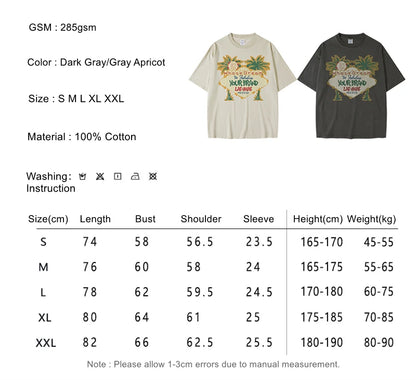 ZODF New Men High Street Washed T-Shirts Unisex Loose Tree Printing 285gsm Cotton O Neck T Shirt For Summer HY0512