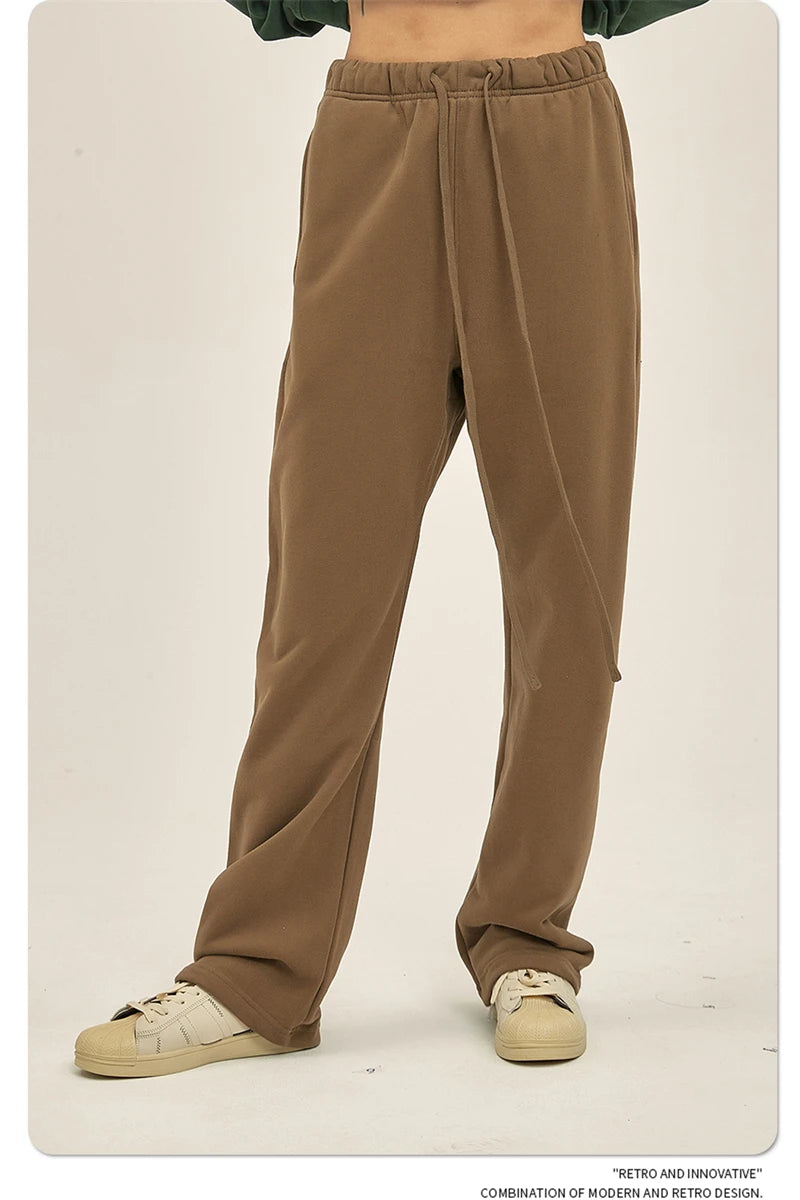 ZODF Fashion 2024 Men Loose Straight Pants Unisex 365gsm Retro Comfortable Sport Solid Drawstring Trousers HY0588