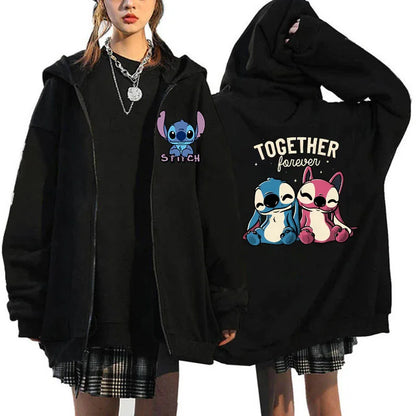 Women's Zip Hoodies Disney Role Play Lilo & Stitch Graphic Print Sweatshirt Winter Outerwear Girls Student College Clothing Tops