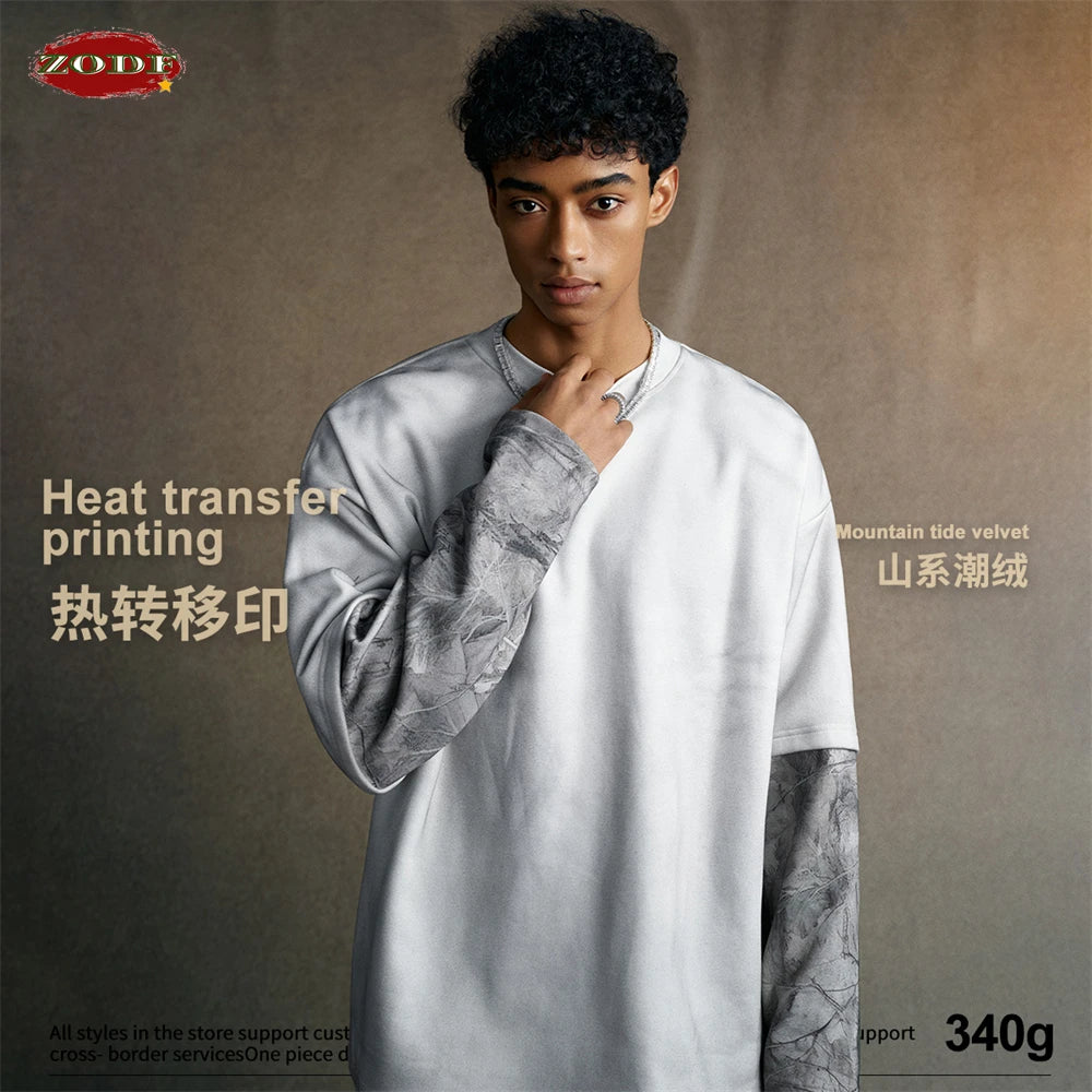 ZODF 2025 Autumn 340gsm Fake 2-Piece T-Shirt For Man Unisex Oversized Heat Transfer Printing Long Sleeve T Shirts Tee HY1151