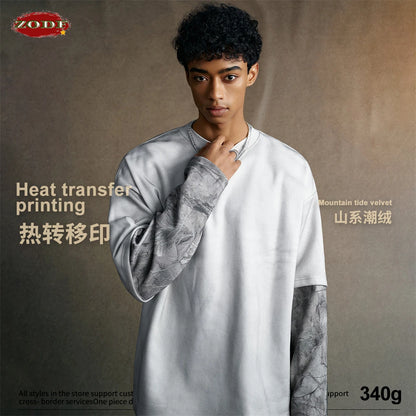 ZODF 2025 Autumn 340gsm Fake 2-Piece T-Shirt For Man Unisex Oversized Heat Transfer Printing Long Sleeve T Shirts Tee HY1151