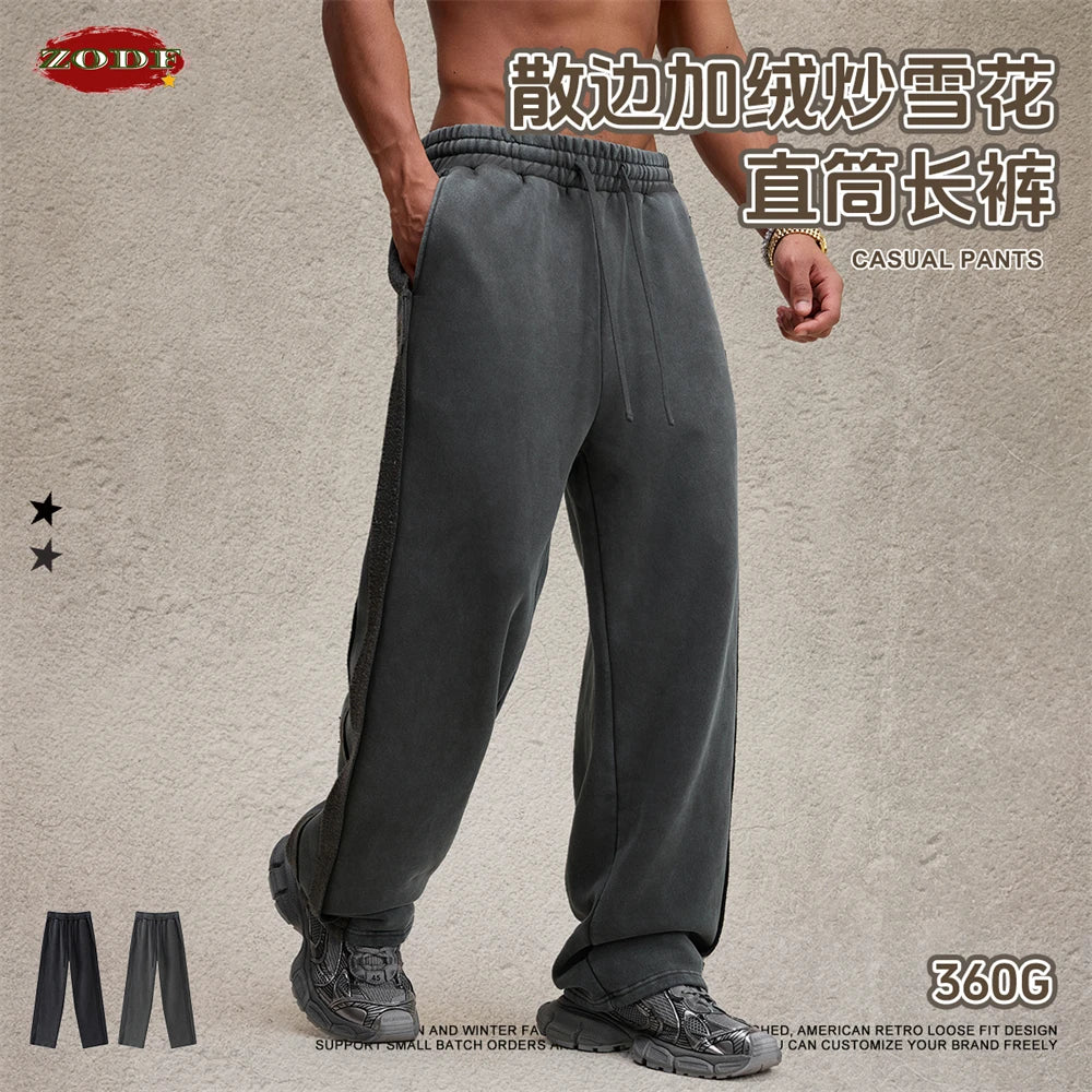 ZODF Vintage Man Winter Washed Fleece Straight Pants Unisex Distressed 360gsm Knitted Warm Trousers Brand Bottoms HY1092