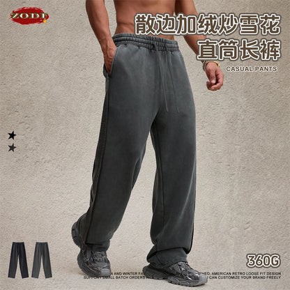 ZODF Vintage Man Winter Washed Fleece Straight Pants Unisex Distressed 360gsm Knitted Warm Trousers Brand Bottoms HY1092