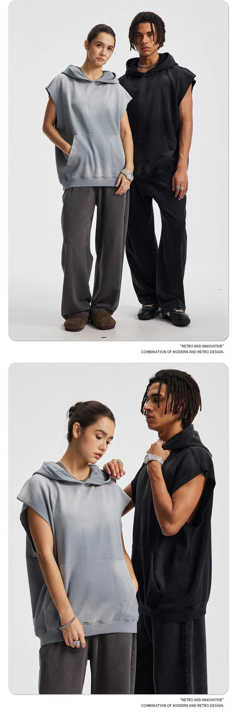 ZODF Summer Autumn Man Washed Sleeveless Hoodies For Men Unisex Loose Edge Distressed 380gsm Cotton Hooded Pullovers HY1097