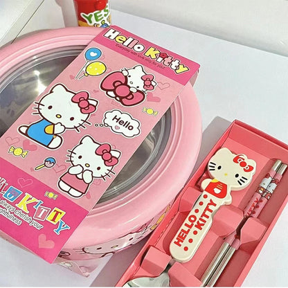 Hellokitty Stainless Steel Ramen Bowl With Lid Cute Japanese Large Instant Noodles Fruit Salad Rice Soup Bowl Kitchen Tableware