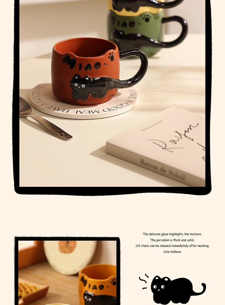 Cat Stacking Mug Creative Cute Cartoon Cat Ceramic Coffee Cup Fun Cat Tail Integrated Handle Cup Couple Water Cup Birthday Gift