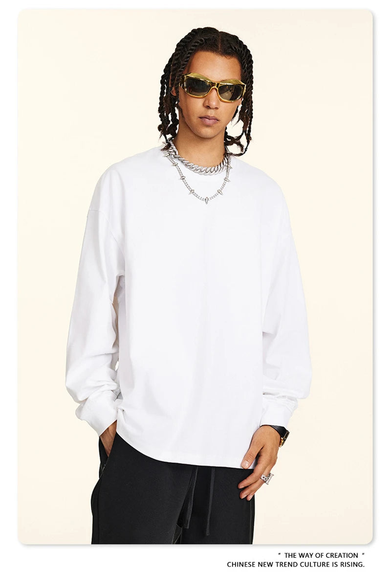 ZODF New 2024 Autumn 225gsm Loose Solid T-Shirt For Men Retro Unisex Antibacterial Full Sleeve T Shirts Brand Tops HY0871