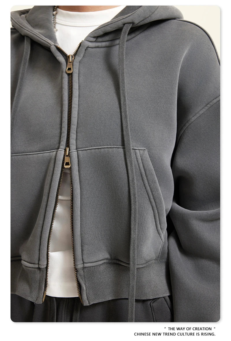 ZODF Retro 2025 Winter Women Short Zipper Hoodies Female Girls Loose 355gsm Thick Fleece Hooded Zip-up Coat Streetwears HY0448