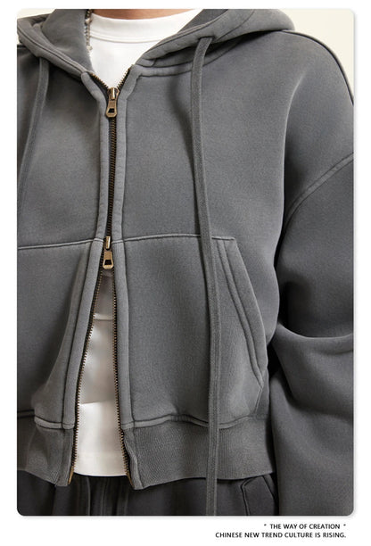 ZODF Retro 2025 Winter Women Short Zipper Hoodies Female Girls Loose 355gsm Thick Fleece Hooded Zip-up Coat Streetwears HY0448