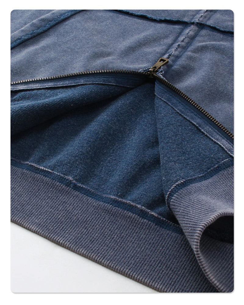 ZODF Retro Men's Heavyweight 450gsm Zipper Hoodies Unisex Loose Distressed Washed Batik Knitted Hooded Coat Jacket HY0889