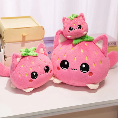 Kawaii Strawberry Cat Plush Toy Cute Pink Cat Stuffed Animal Cuddly Doll Soft Cartoon Plushies Birthday Gift for Girl Home Decor