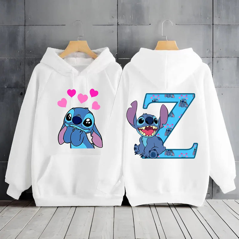 2025 Women's Winter Jacket Cute Kawaii Disney Lilo & Stitch Lucky Letter Print White Hoodie Fashion Couple Streetwear Sportswear
