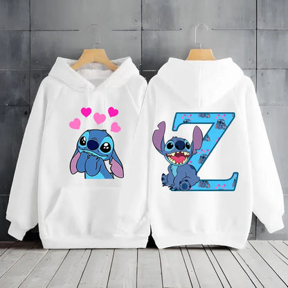 2025 Women's Winter Jacket Cute Kawaii Disney Lilo & Stitch Lucky Letter Print White Hoodie Fashion Couple Streetwear Sportswear