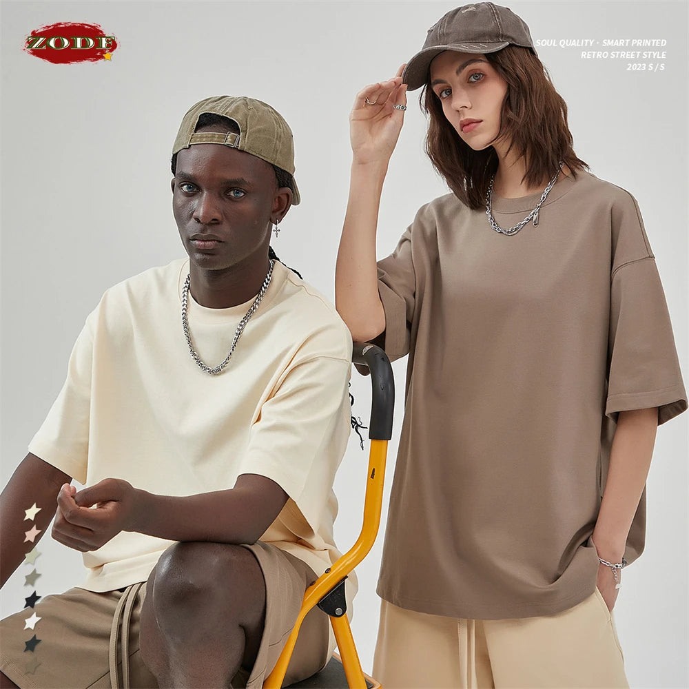 ZODF New Summer Men 100% Cotton Solid T Shirts Unisex High Street Heavy Weight 305gsm Oversized FG Noshrink T-Shirt Tops HY0165