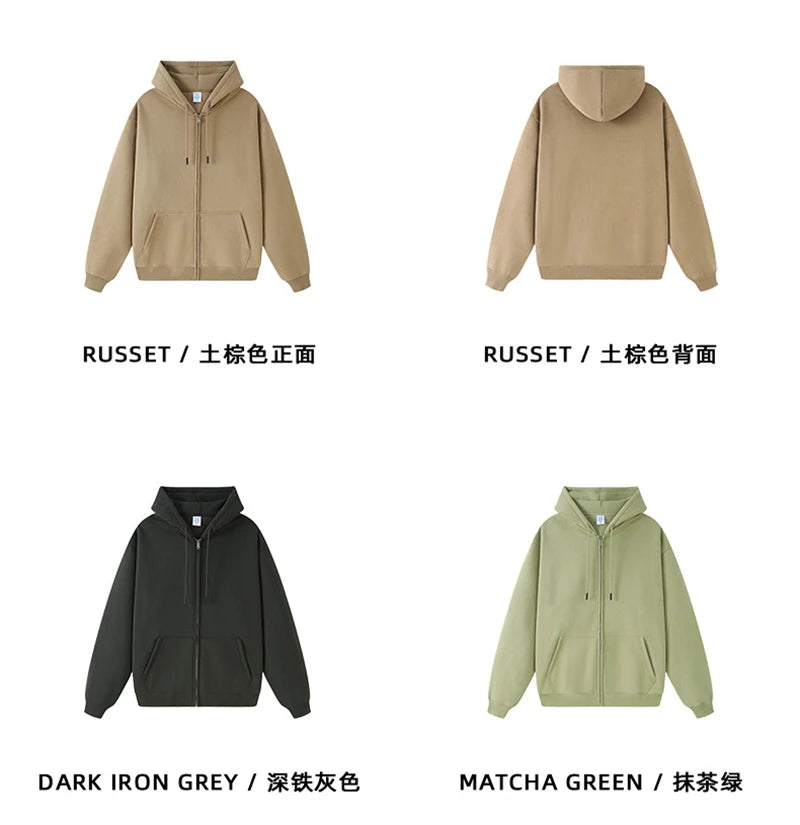 ZODF Basic Winter Men Fleece Zipper Hoodies Unisex Casual Loose 350gsm Warm Solid Hooded Sweatshirts Coats 18 Colors HY0726