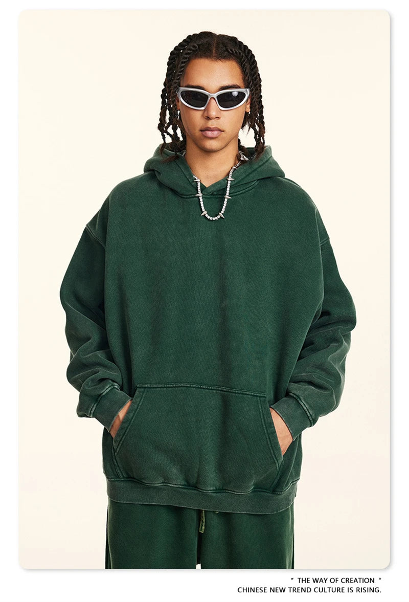 ZODF Retro Men’s Winter Washed Fleece Hoodie 360gsm Warm Knitted Loose Hooded Pullover Streetwear HY0887