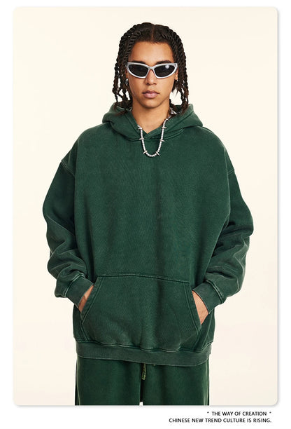 ZODF Retro Men’s Winter Washed Fleece Hoodie 360gsm Warm Knitted Loose Hooded Pullover Streetwear HY0887