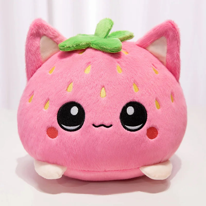 Kawaii Strawberry Cat Plush Toy Cute Pink Cat Stuffed Animal Cuddly Doll Soft Cartoon Plushies Birthday Gift for Girl Home Decor