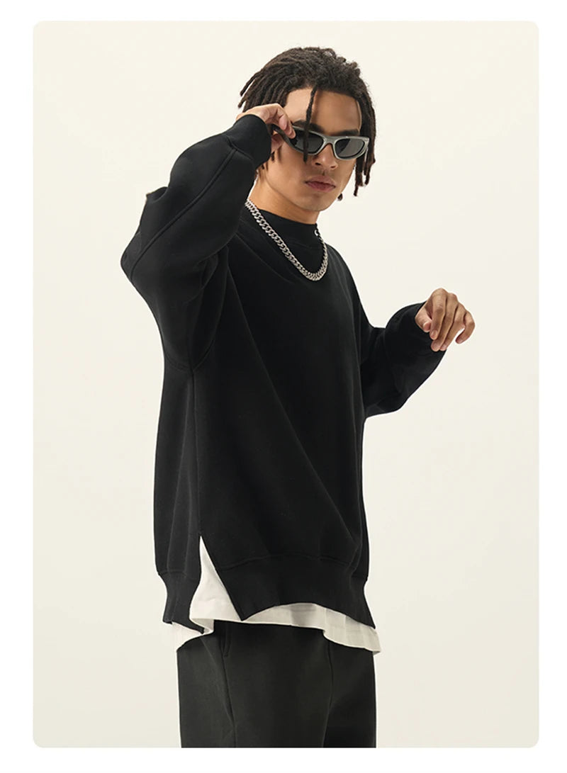 ZODF Fashion Men Winter Side Split Fleece Sweatshirt Winter Unisex Oversized 350gsm O Neck Warm Pullovers Brand Clothing HY0058