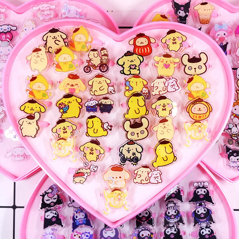 New 36pcs Of Cartoon Cinnamoroll My Melody Kuromi Resin Ring Children's Creative Love Box Cute Ring Girl Trinkets Children's Toy