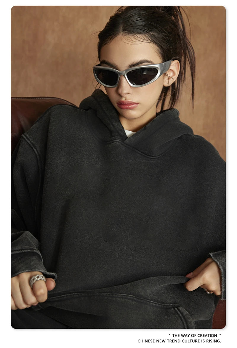 ZODF Winter Autum Men's Washed 400gsm Fleece Hoodies Unisex Couple Retro Oversized Ripped Hooded Sweatshirts Pullovers HY0652