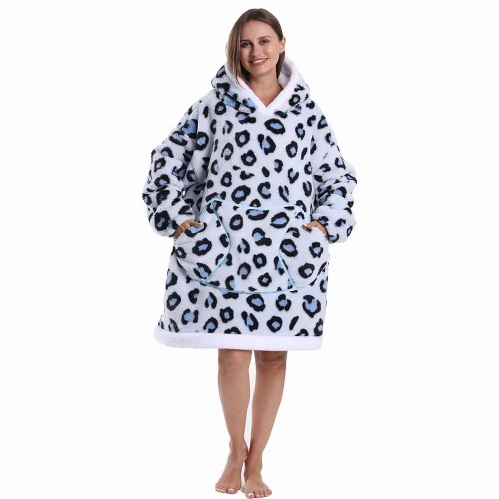 Leopard Winter Women Thicken Warm Hoodie Blanket Pink Blue Oversize Large Pocket Couple Loose Sweatshirts Mens Graphic Hoodies