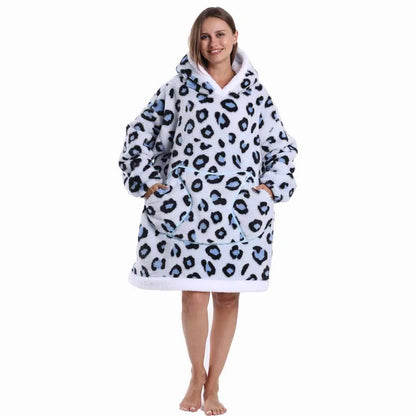 Leopard Winter Women Thicken Warm Hoodie Blanket Pink Blue Oversize Large Pocket Couple Loose Sweatshirts Mens Graphic Hoodies