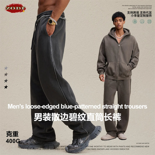 ZODF 2025 Winter Man Washed Fleece Straight Pants Retro Unisex Loose Edge 400gsm Knitted Warm Trousers Brand Clothing HY1093