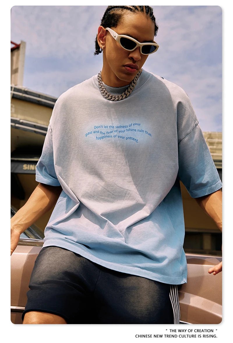 ZODF Summer High Street Printing T-Shirts For Men Unisex Retro Washed 250gsm Ripped Cotton T Shirt Brand Tops HY0858