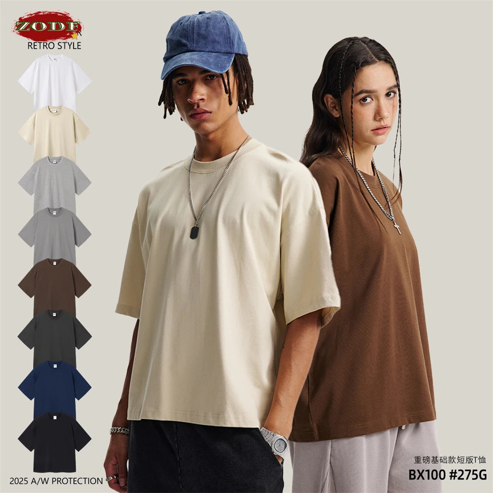 ZODF New Men Summer Boxy 275gsm Cotton T-Shirts Retro Unisex Oversized Short Version Basic T Shirt Brand Tees HY1070