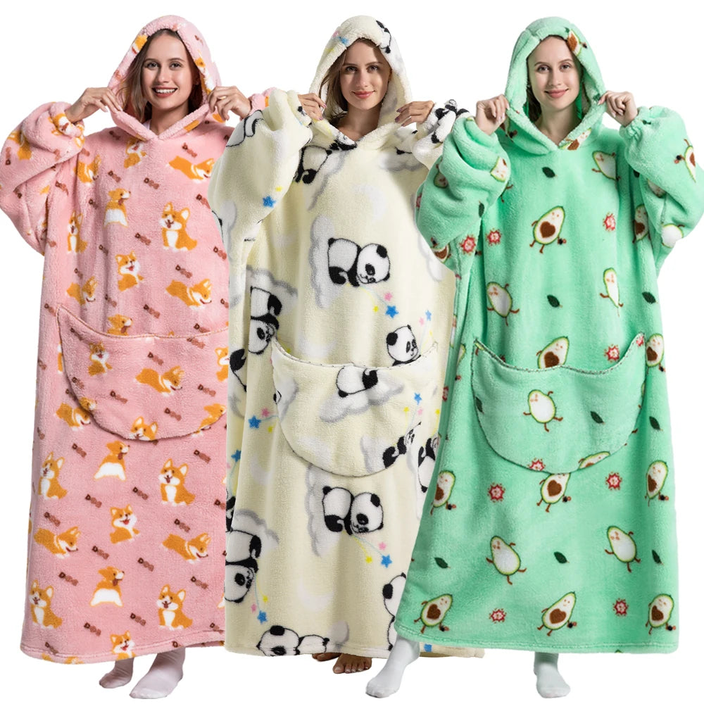 Women Hoodies Winter Clothes Flannel Panda Avocado Long Tops Oversized Blanket Hoodie for Men Home Wear Casual Korean Hoodie