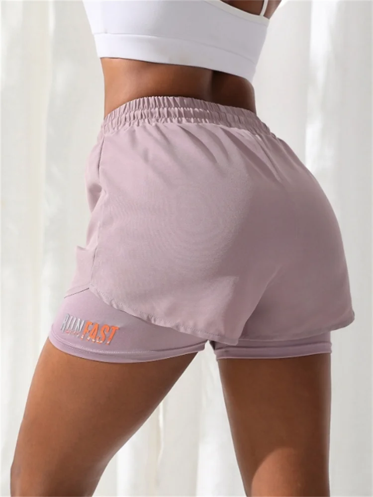Women’s High Rise Elastic Waist Yoga and Running Shorts Fake Two-Piece Design