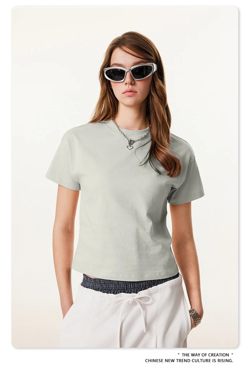 ZODF Women 2025 Summer 255gsm Cotton T-Shirts Hotsweet Girls Casual Solid Comfortable Sport T Shirt Brand Tops HY0978