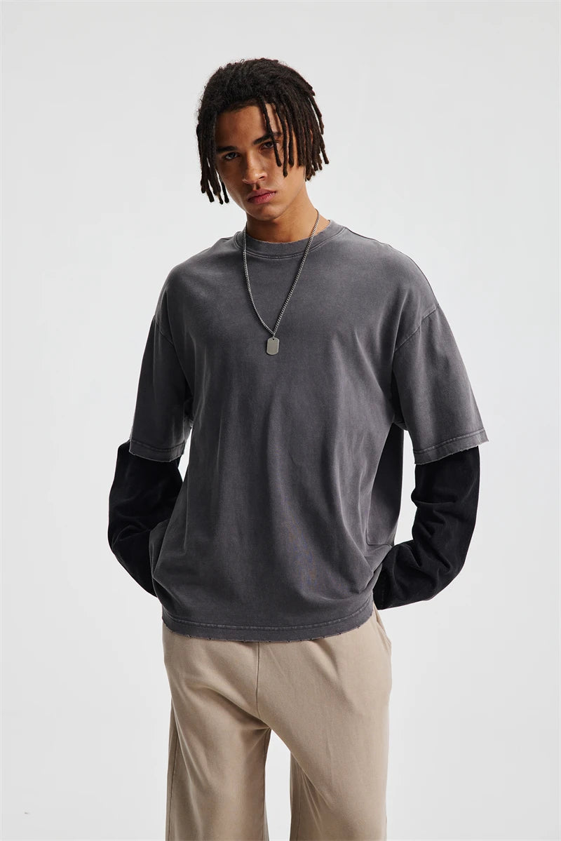 ZODF Retro Fake 2-Piece Cotton T-Shirts For Man Unisex Distressed Full Sleeve Washed O Neck T Shirt Brand Tees HY1156