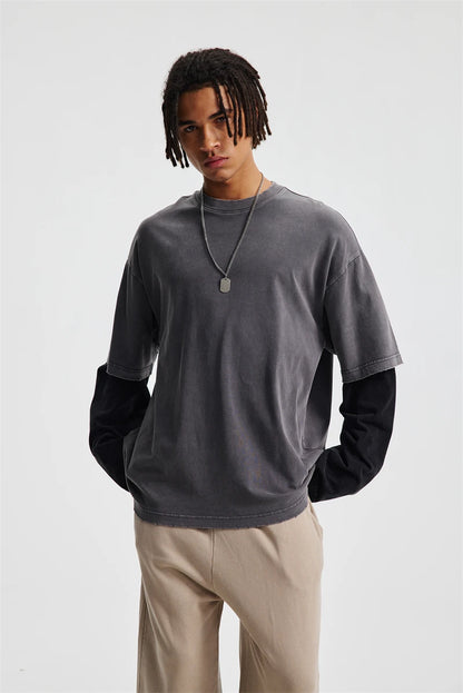 ZODF Retro Fake 2-Piece Cotton T-Shirts For Man Unisex Distressed Full Sleeve Washed O Neck T Shirt Brand Tees HY1156