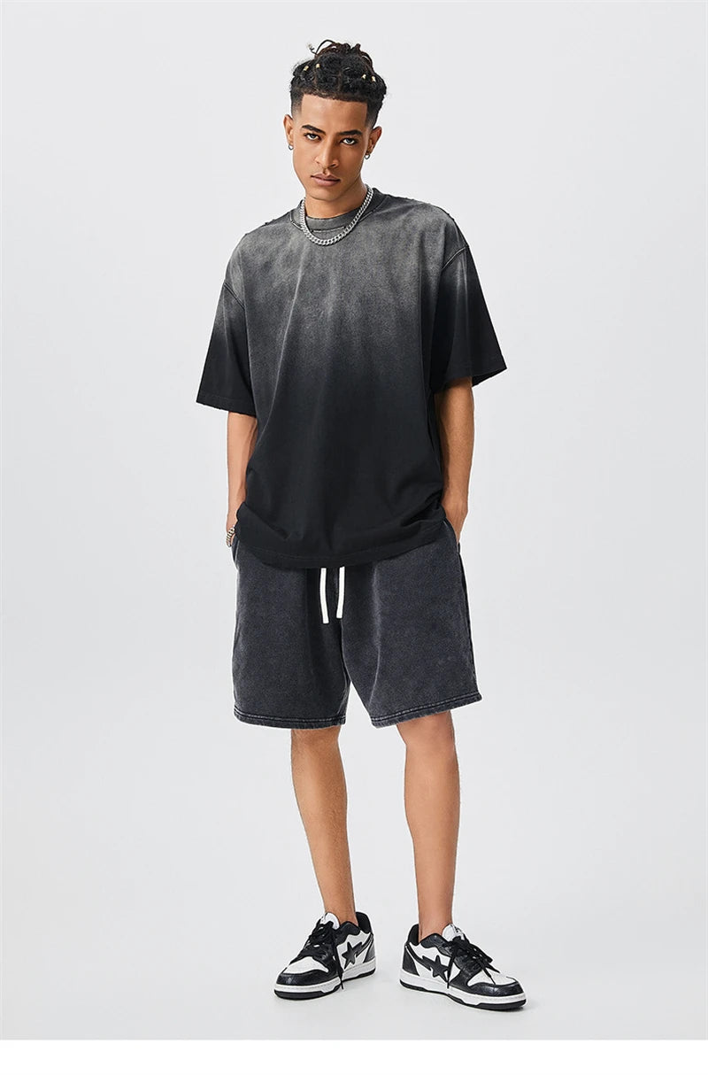 ZODF New Men's Summer Washed Gradient Cotton T-Shirts Unisex Women Retro Distressed 310gsm Ripped T Shirt Brand Tops HY0859