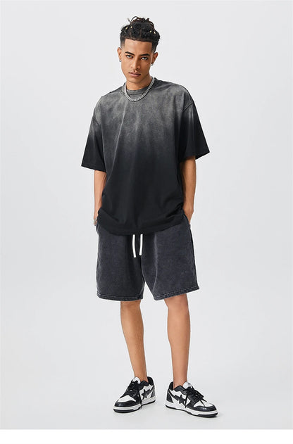 ZODF New Men's Summer Washed Gradient Cotton T-Shirts Unisex Women Retro Distressed 310gsm Ripped T Shirt Brand Tops HY0859