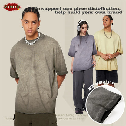 ZODF Fashion 2024 250gsm Washed Distressed T-Shirts For Men Unisex Women Retro Cotton Relax Fit T Shirt Brand Tees HY0838