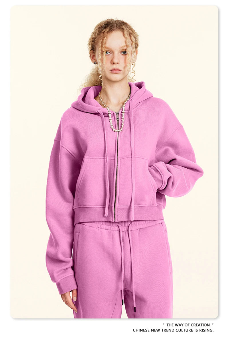 ZODF 2024 Winter Women Zipper Crop Hoodies Female Girls Solid 345gsm Warm Fleece Short Hooded Zip-Up Coat HY0911