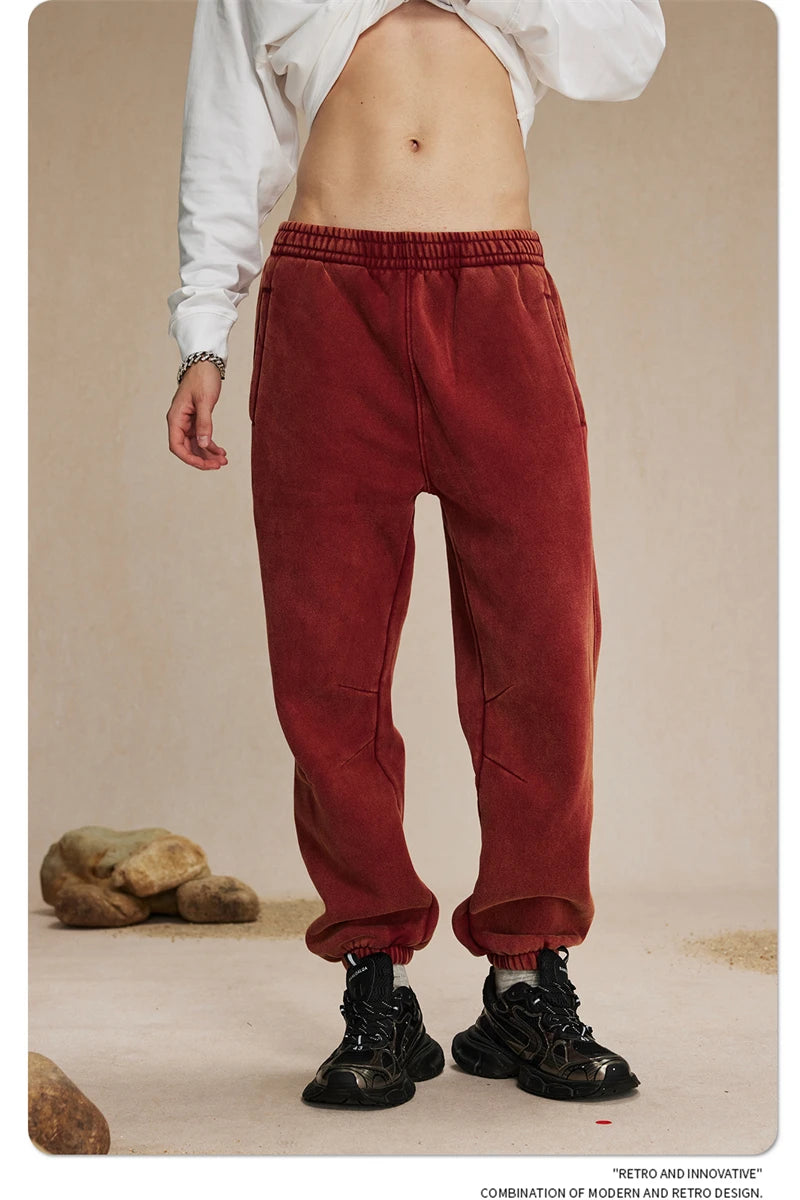 ZODF Retro Winter 360gsm Batik Washed Fleece Sweatpants Unisex Loose Drawstring Warm Joggers HY0714