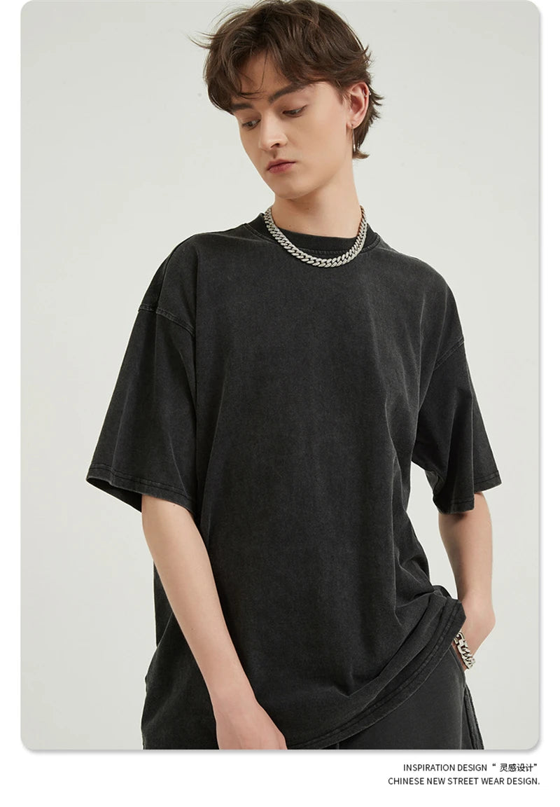 ZODF Men 2024 Retro Summer Washed Solid Cotton T-Shirts Unisex Retro Loose High Street 250gsm Basic Tees Streerwears HY0075