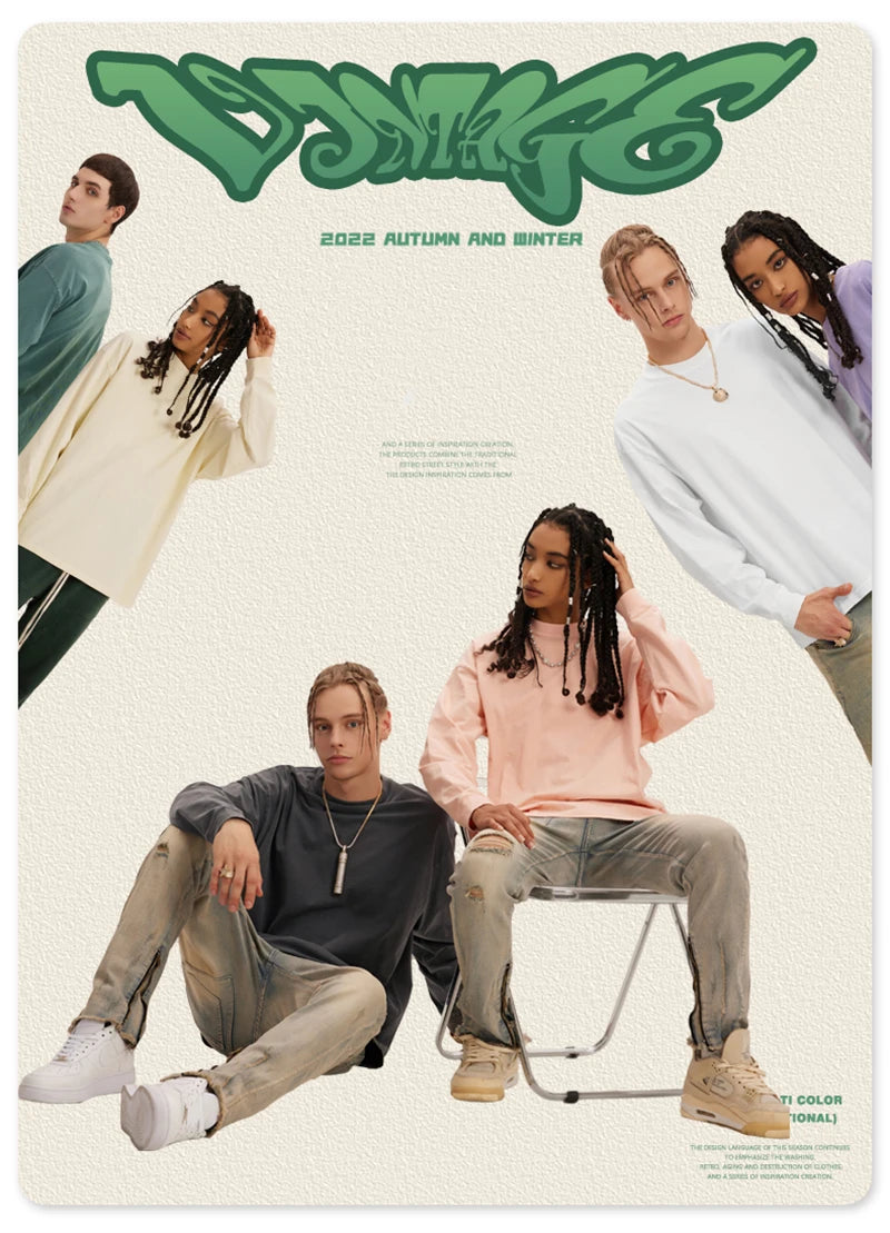 ZODF New Autumn Men's 260gsm 100% Cotton T Shirts Unisex Retro High Street Loose Washed Solid Tees Streetwears HY0376